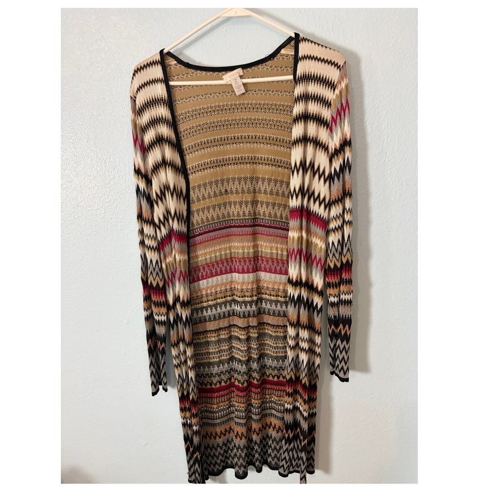 Chicos Women Size 2 Large Chevron Knit Longline Duster Cardigan Multi Color Boho